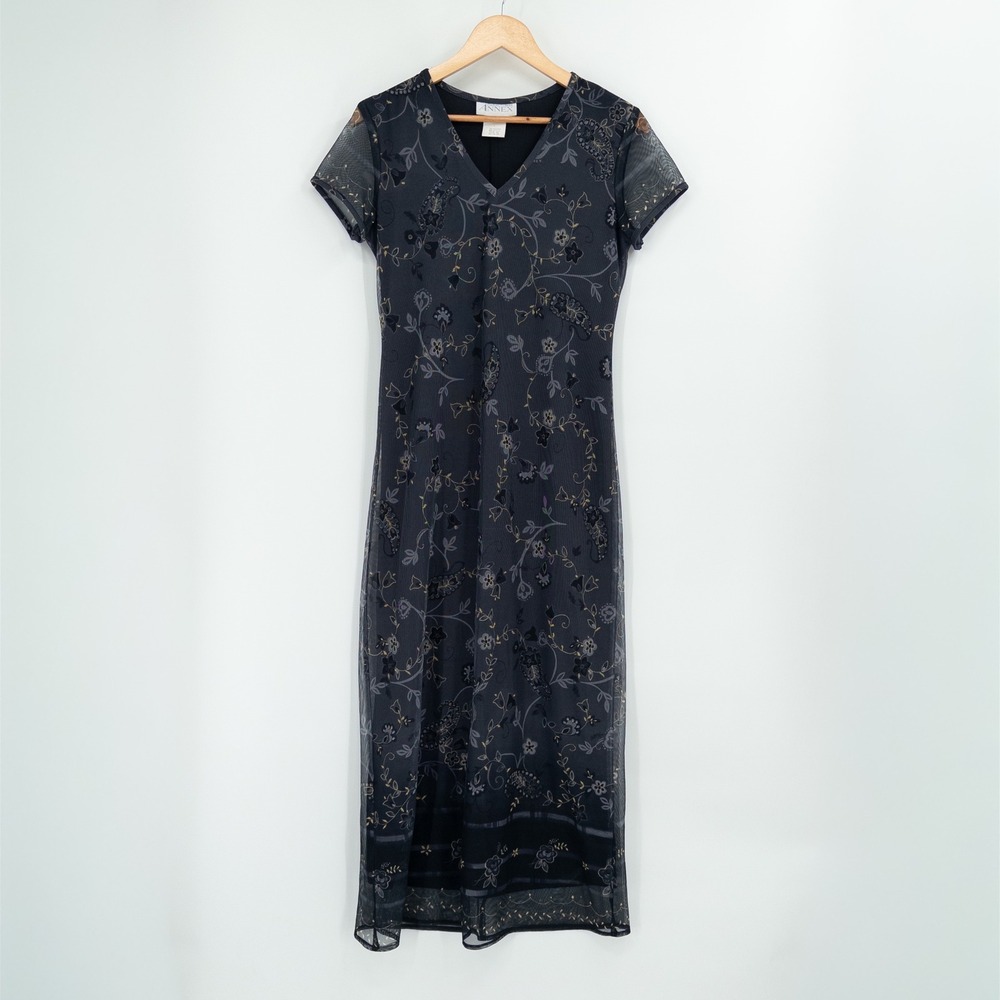 Vintage 90s Whimsigoth Maxi Dress Womens 10 Black Floral Dark Sheer Grunge Goth